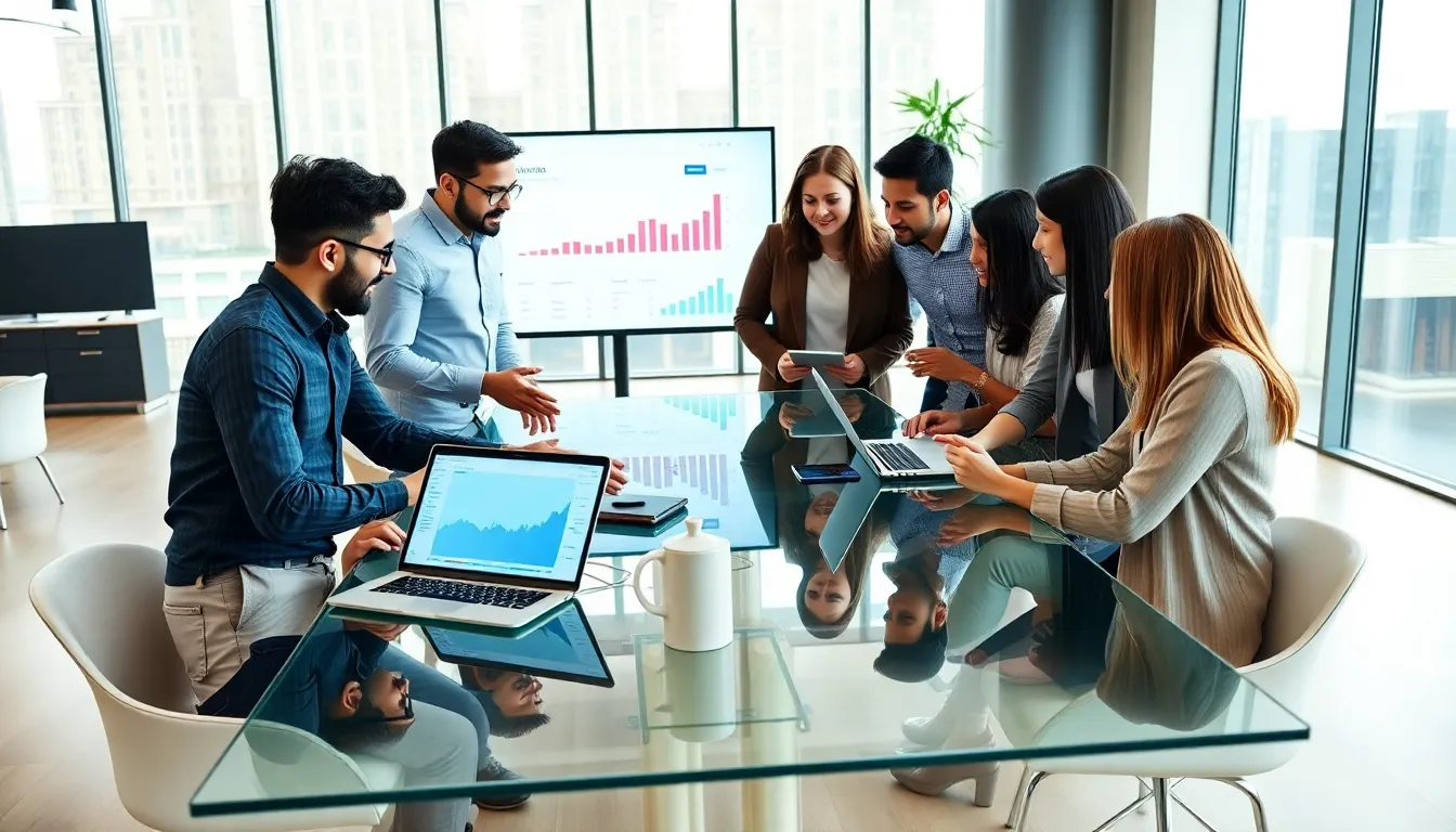 fintech developers collaborating in a modern office environment.