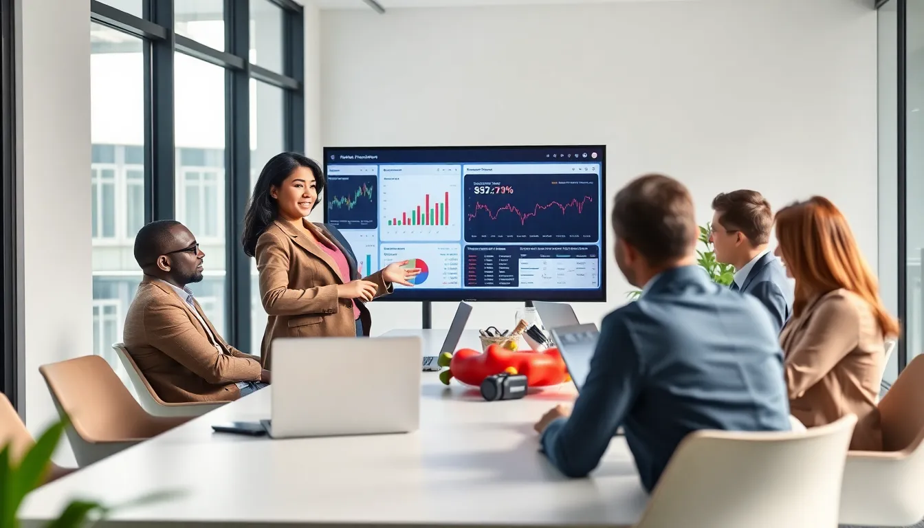 diverse team discussing fintech SaaS solutions in a modern office.
