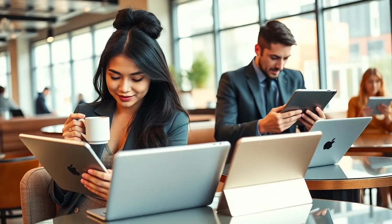 Professionals using T-Mobile iPads in a modern café setting.