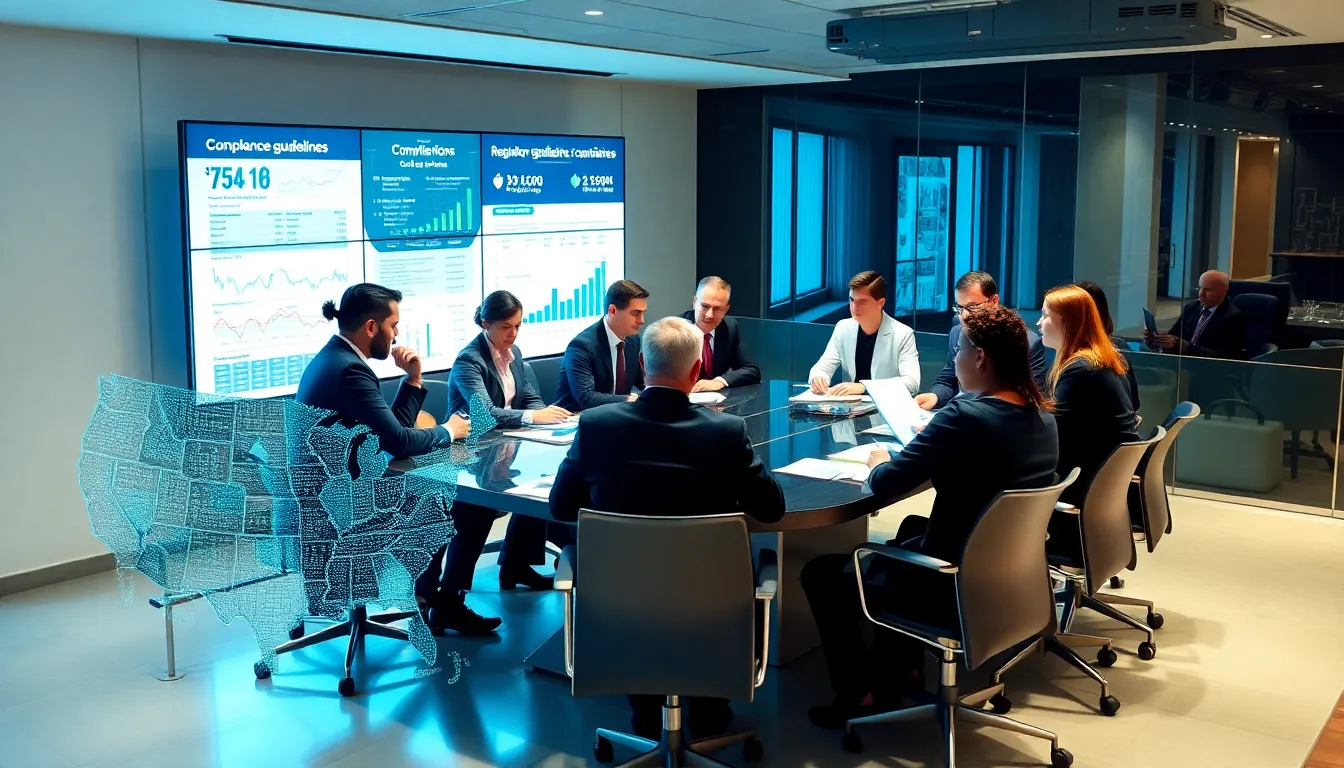 fintech professionals discussing regulatory compliance in a modern office.