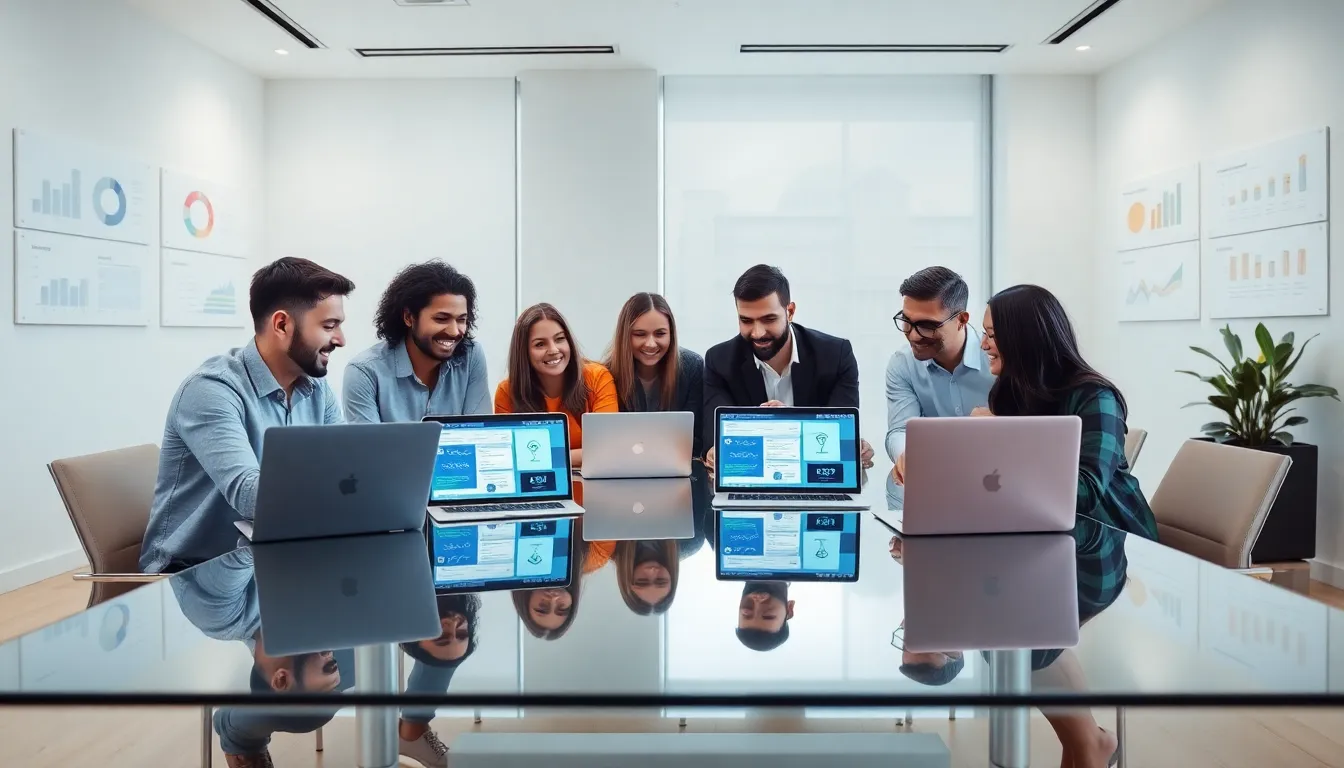 diverse team discussing no code SaaS solutions in a modern office.