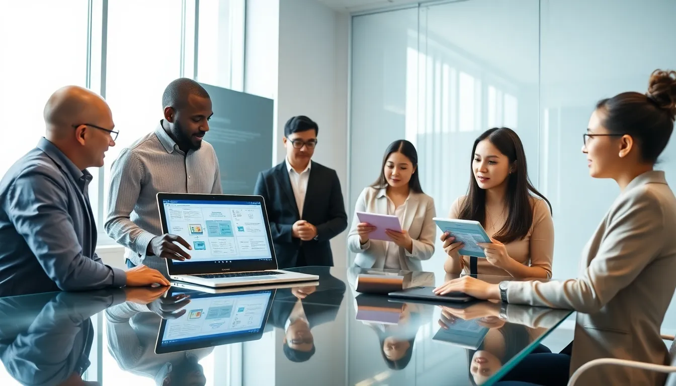 diverse professionals collaborating on a low-code automation project in a modern office.