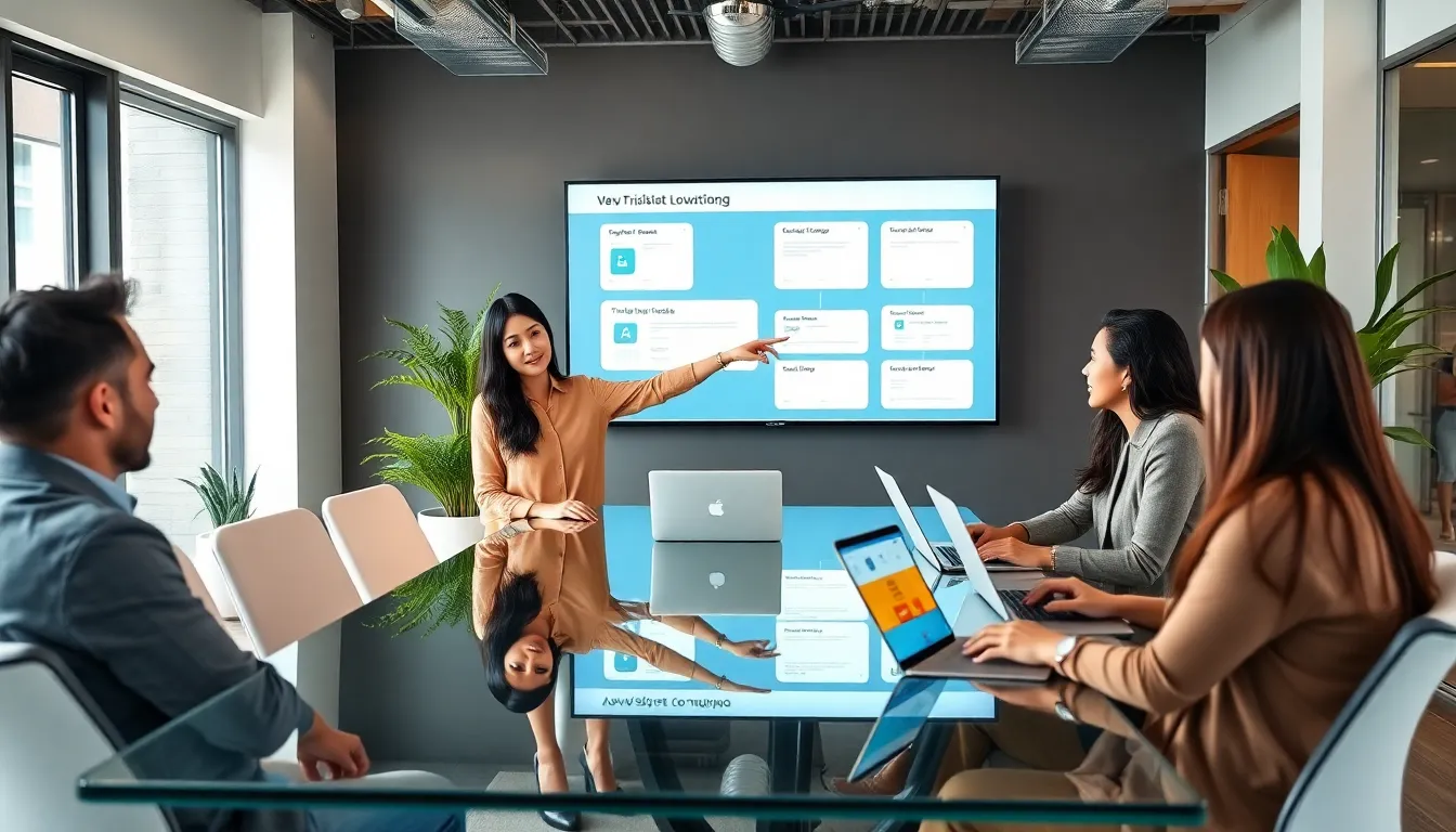 diverse team collaborating on low code workflow in a modern office.