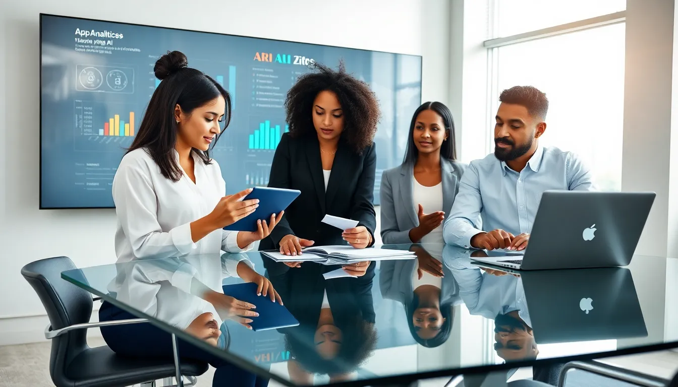 diverse team collaborating on app development using AI.