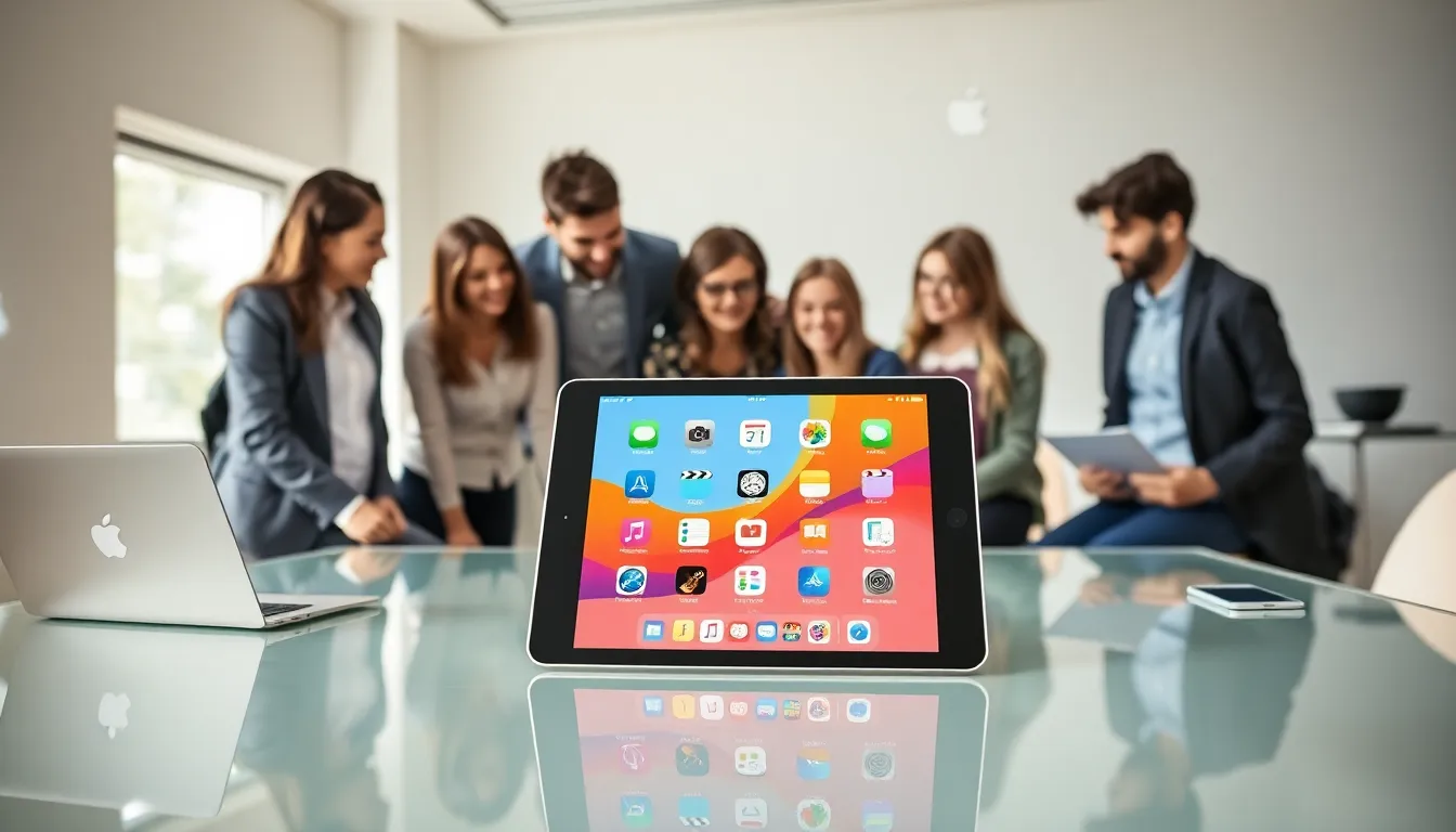 A diverse team collaborating around an iPad in a modern office setting.