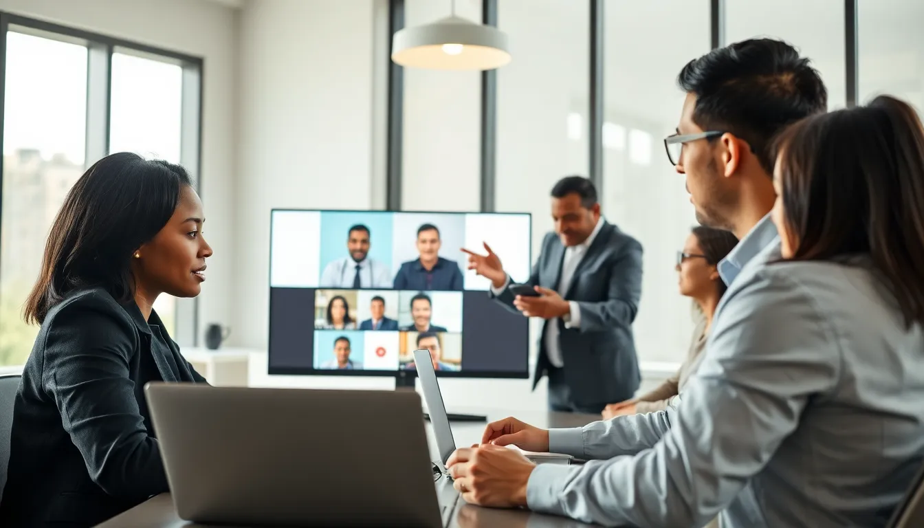 diverse professionals collaborating remotely in a modern office.