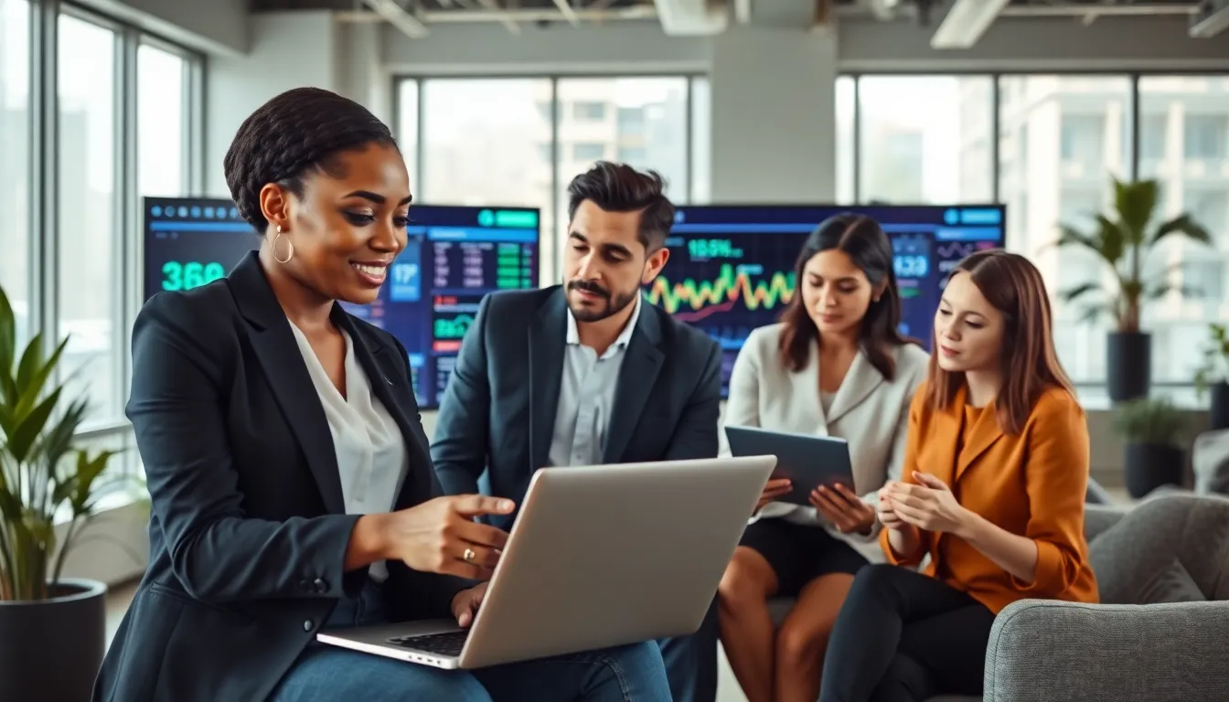 diverse team discussing financial technology in a modern office.