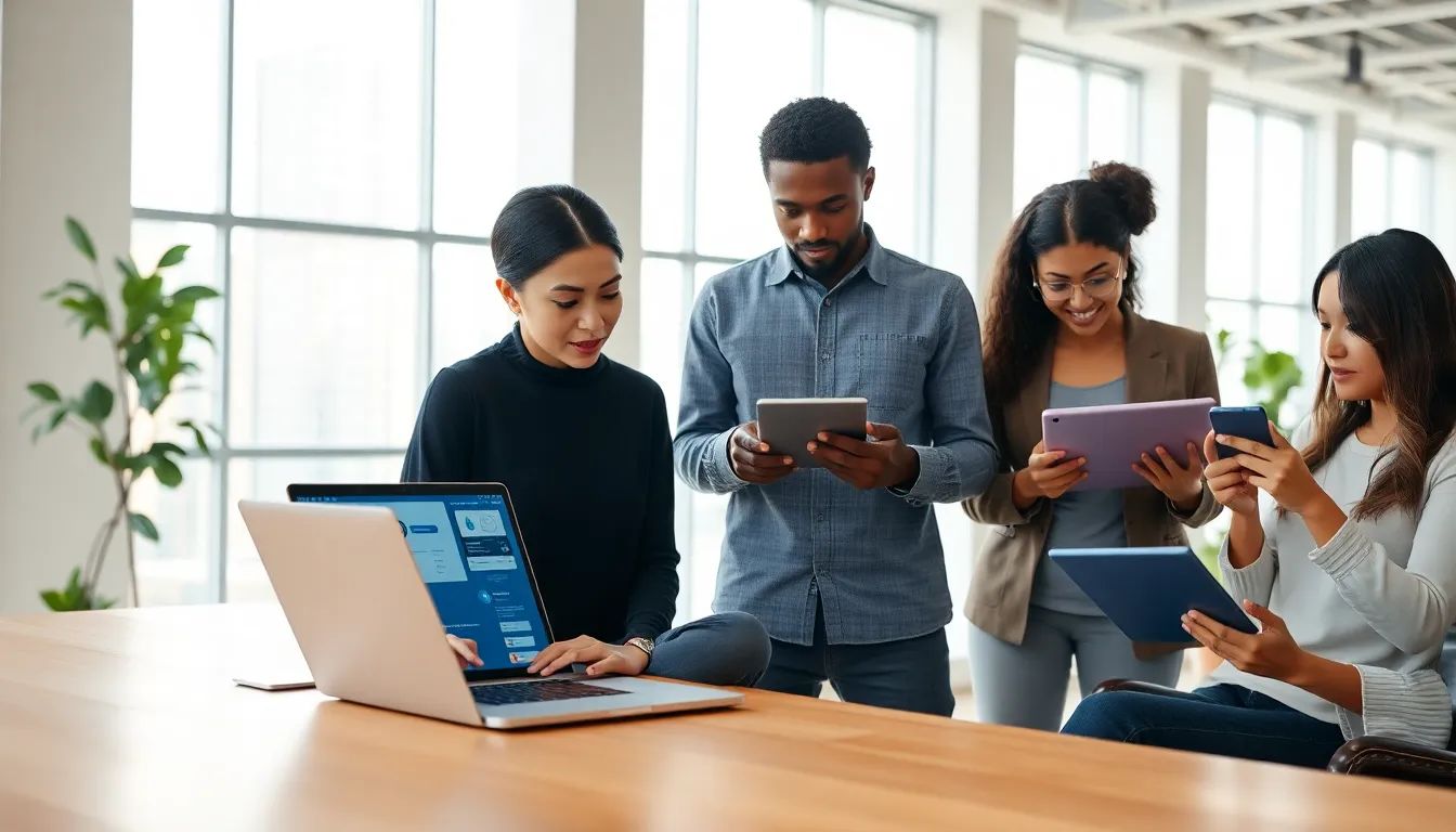 diverse team collaborating on low code data integration in a modern office.
