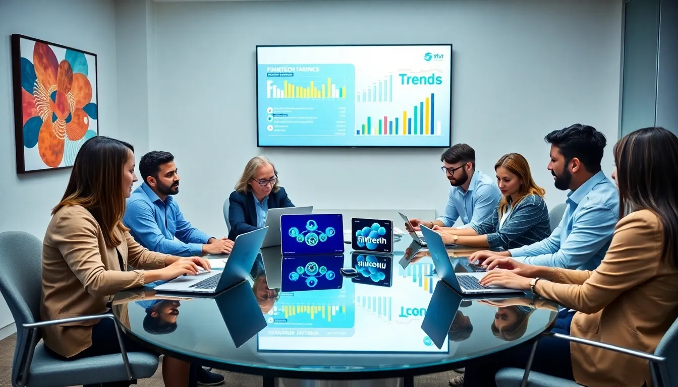 diverse team strategizing fintech branding in a modern office.