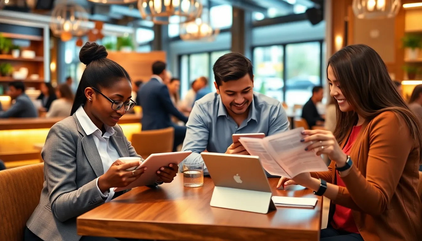 diverse professionals using mini iPads in a lively café setting.