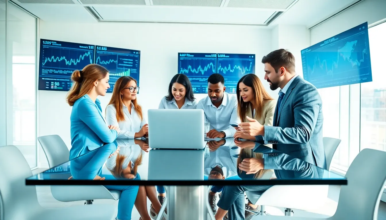 diverse professionals collaborating in a modern fintech office.