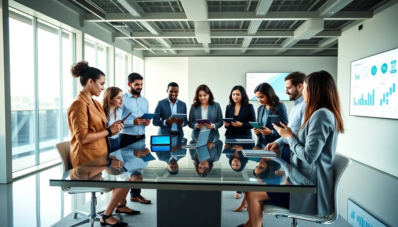 diverse team discussing supported iPad models in a modern office.